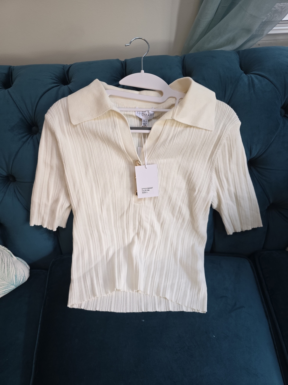 Lucy Paris Cream Ribbed Polo Crop Top with Short Sleeves